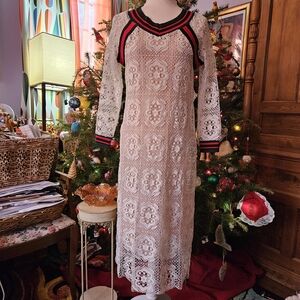 Chic Long Sleeve Lace Silk & Cotton White overlay Dress with Red and Black Trim